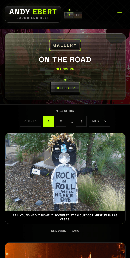 Andy Ebert On the Road gallery page with filters and photo grid