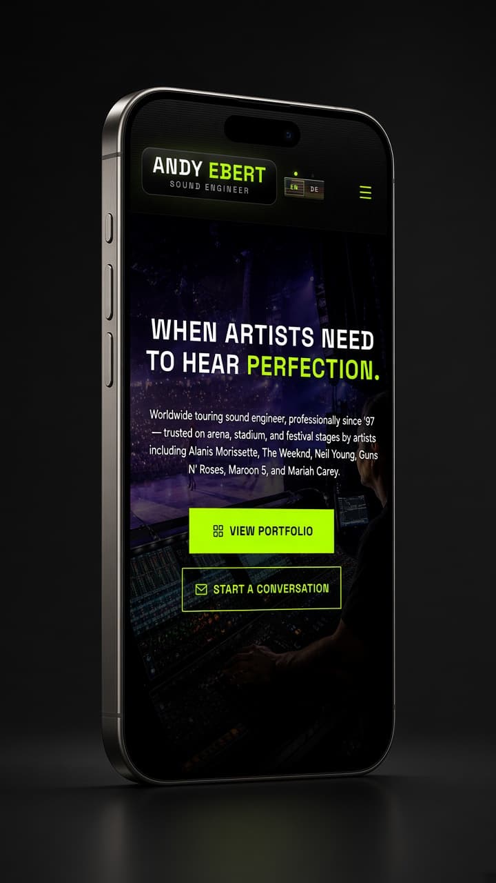 iPhone mockup of the Andy Ebert mobile portfolio experience