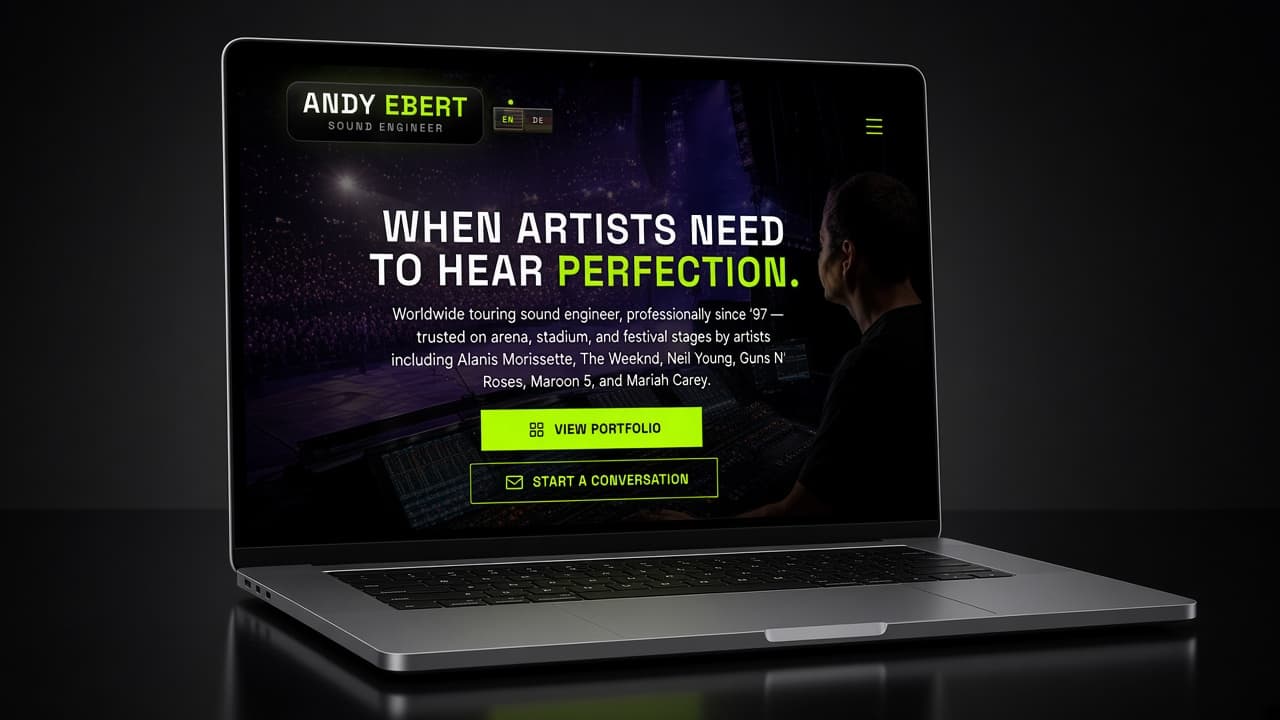 MacBook Pro mockup of the Andy Ebert live production portfolio homepage