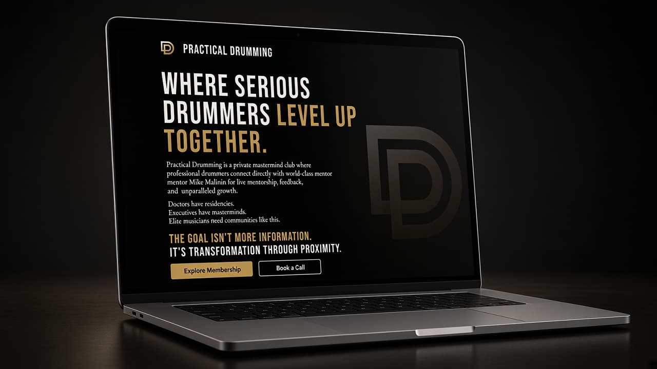 MacBook Pro showing the Practical Drumming homepage hero